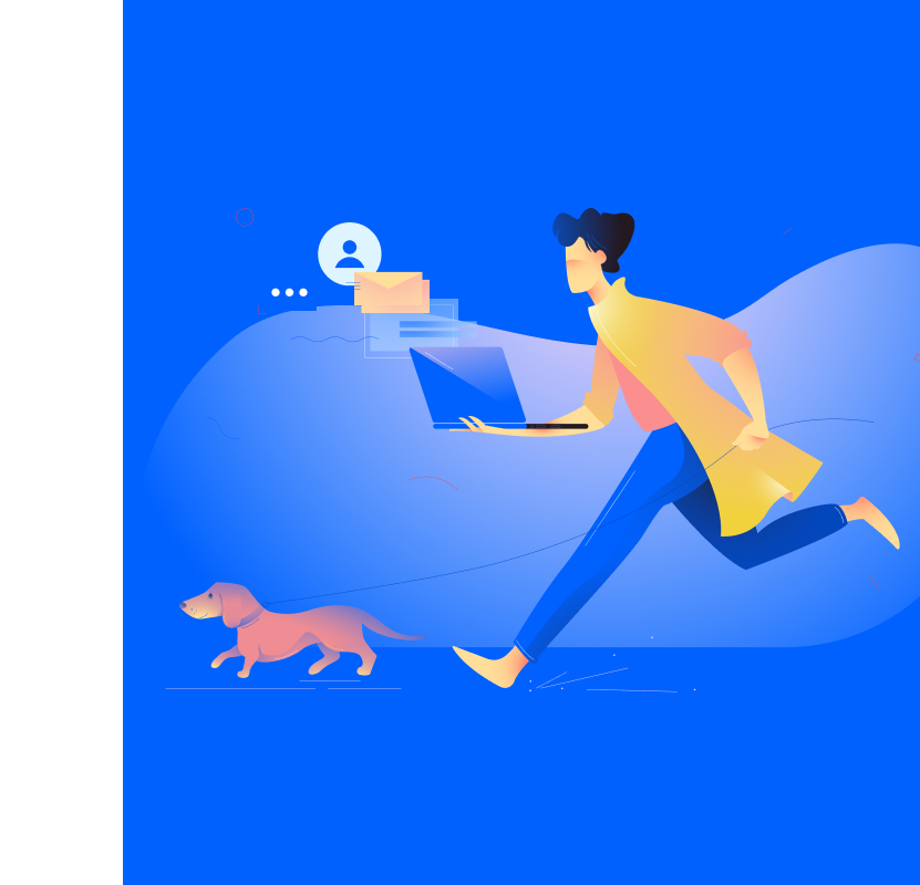 Professional running with laptop and digital elements